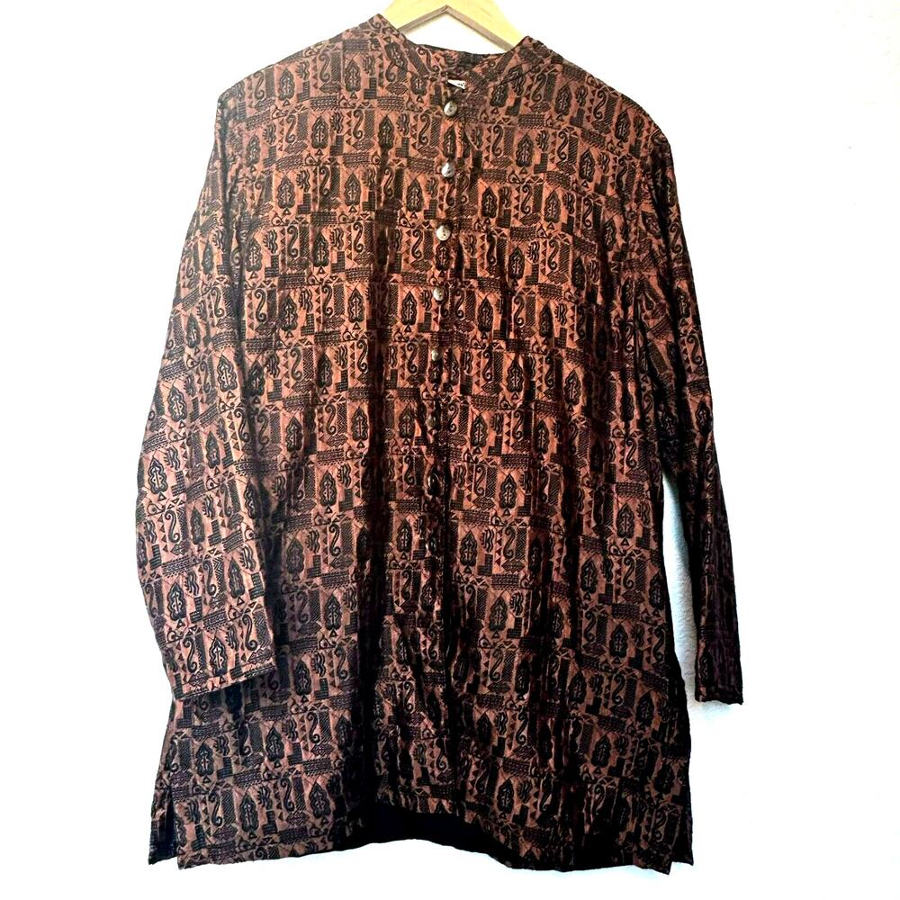 CHICO'S DESIGN | Size‎ 2 Large Silk Artsy Brown Persian Long Jacket Indian Tunic